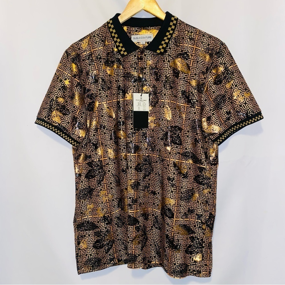 NWT Suslo Couture Gold & Black Luxury Printed Shortsleeve Polo Size Large